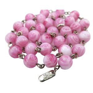 Gerard Yosca Pink White Marbled Glass Bead Necklace Strand 16.5" Long, N213